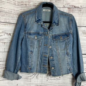 Refuge Denim jacket womens size large long sleeve raw‎ hem cropped cow Girl Blue